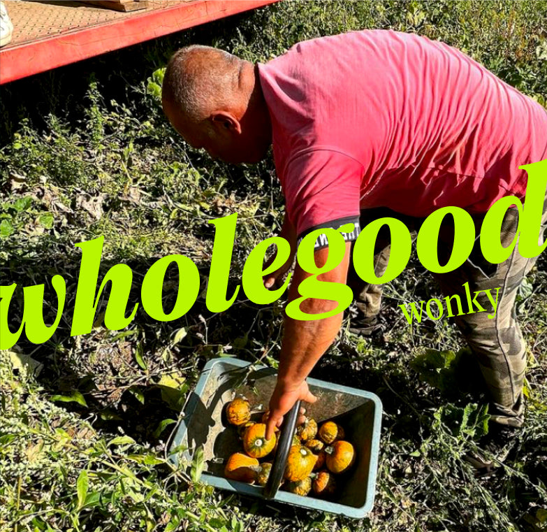 image of farmer harvesting organic produce with the words: Wholegood Wonky